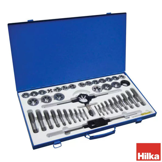 Hilka 45 piece tungsten steel tap and die set laid out in its open blue storage case.