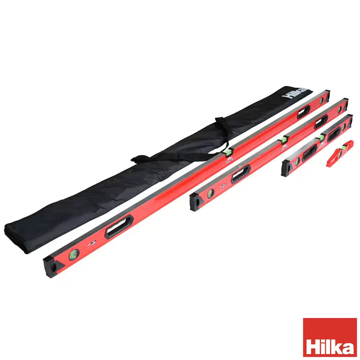 Hilka 4 piece aluminum box level set of varying lengths with yellow accent vials arranged together.