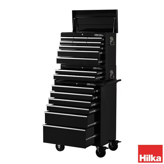 Front angle view of the red steel Hilka HD Pro 17-drawer tool chest trolley combination with opened aluminum pull drawers and heavy-duty castors.