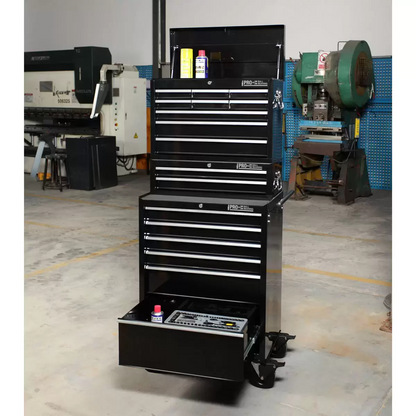 Front angle view of the red steel Hilka HD Pro 17-drawer tool chest trolley combination with opened aluminum pull drawers and heavy-duty castors.