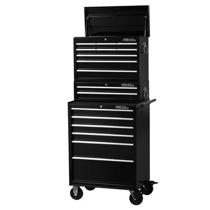 Front angle view of the red steel Hilka HD Pro 17-drawer tool chest trolley combination with opened aluminum pull drawers and heavy-duty castors.