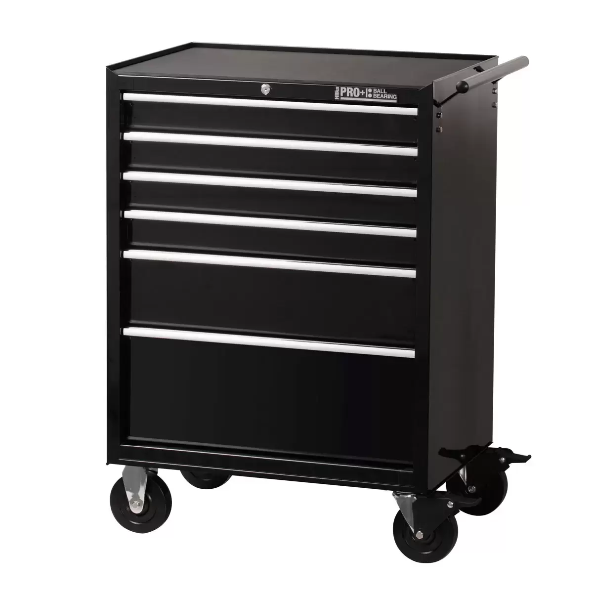 Front angle view of the black Hilka HD Pro+ 6-drawer steel tool trolley on rubber castors with drawers slightly open to show the silver aluminium pulls and black foam liners in a professional workshop environment.