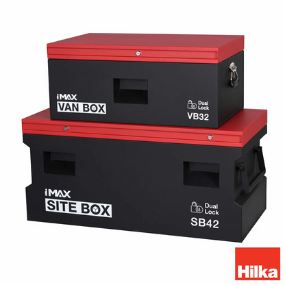 A matching pair of industrial gray steel tool vaults—one 32-inch van box and one 42-inch site box—featuring recessed lock pockets and heavy steel handles.