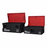A matching pair of industrial gray steel tool vaults—one 32-inch van box and one 42-inch site box—featuring recessed lock pockets and heavy steel handles.