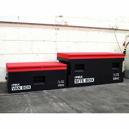 A matching pair of industrial gray steel tool vaults—one 32-inch van box and one 42-inch site box—featuring recessed lock pockets and heavy steel handles.