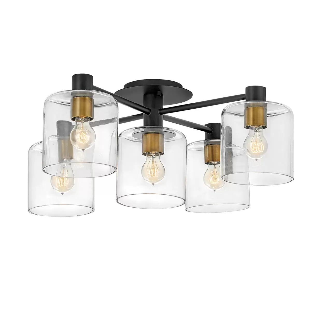 Hinkley Quintiesse Axel five-light semi-flush ceiling chandelier in matte black steel and heritage brass accents featuring clear glass globes mounted on a low ceiling.