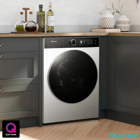 Front angle view of the white Hisense KitchenFit 5i Series WD5I1045BWQ 10.5kg / 6kg Washer Dryer showing its 3.55-inch touch color display and premium glass door.