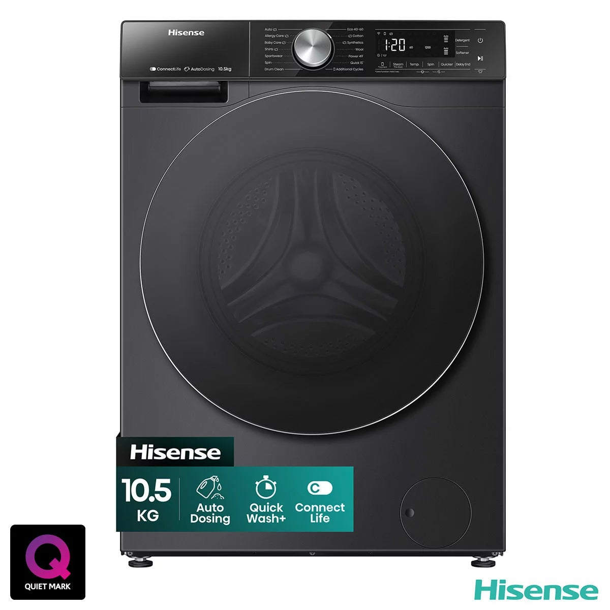 Front view of the black Hisense WF5S1045BB 10.5kg washing machine showing the dark tinted door and digital display panel.