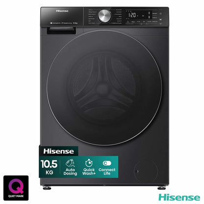 Front view of the black Hisense WF5S1045BB 10.5kg washing machine showing the dark tinted door and digital display panel.