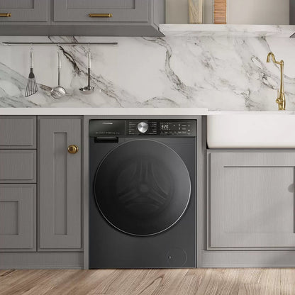 Front view of the black Hisense WF5S1045BB 10.5kg washing machine showing the dark tinted door and digital display panel.