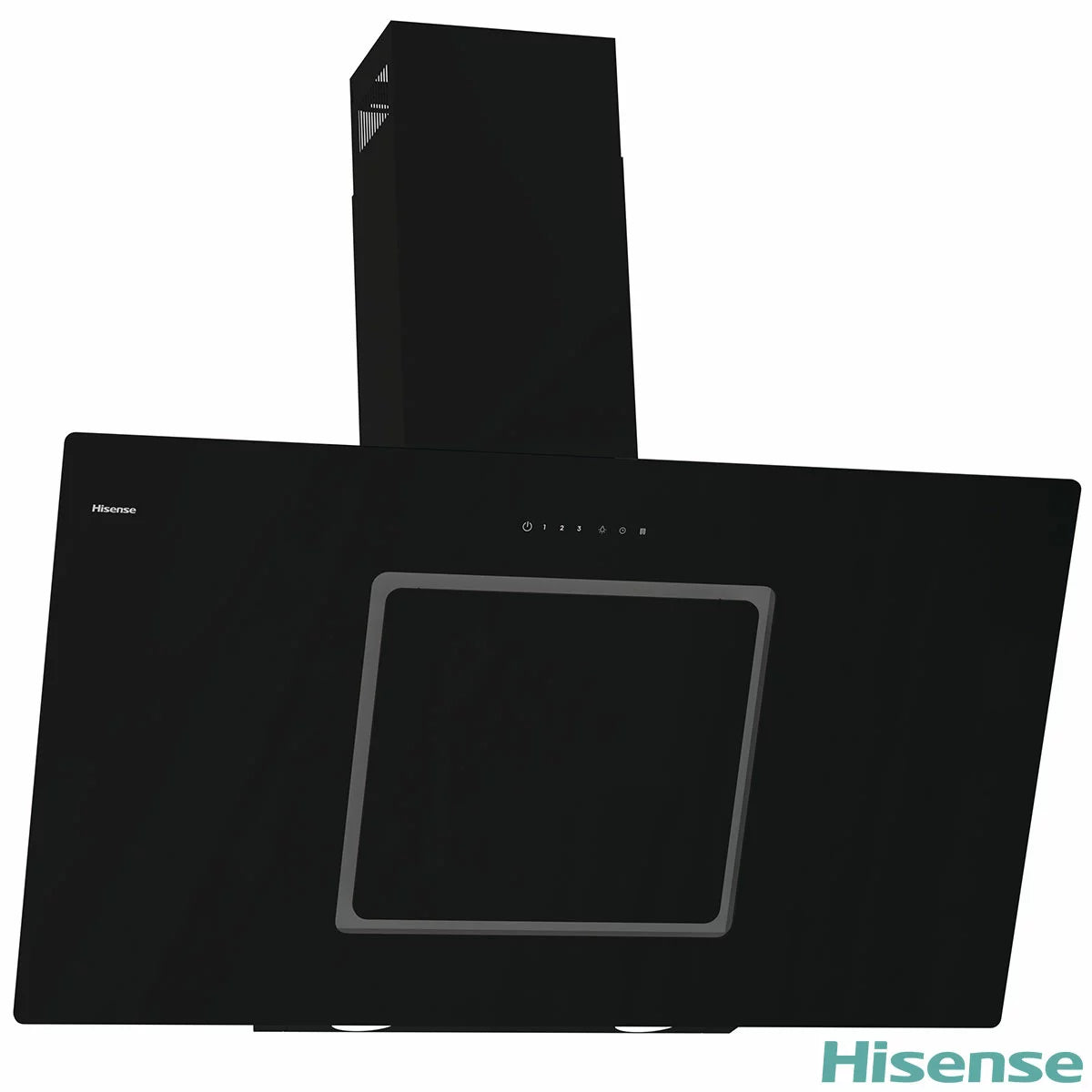 Front view of a 100cm Hisense black glass chimney cooker hood mounted on a modern kitchen wall displaying illuminated LED lights and sleek push-button controls.