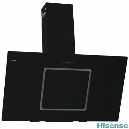 Front view of a 100cm Hisense black glass chimney cooker hood mounted on a modern kitchen wall displaying illuminated LED lights and sleek push-button controls.