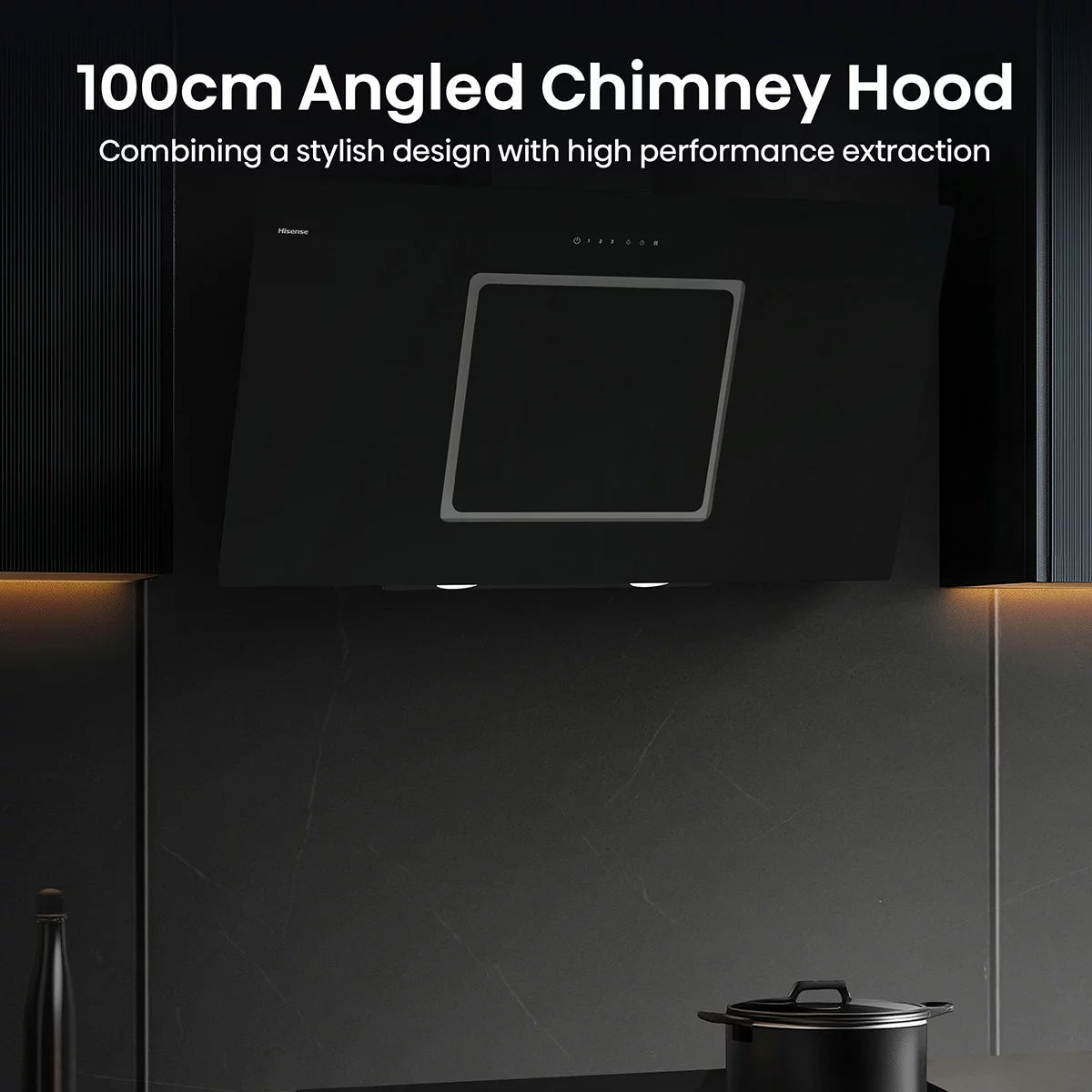 Front view of a 100cm Hisense black glass chimney cooker hood mounted on a modern kitchen wall displaying illuminated LED lights and sleek push-button controls.