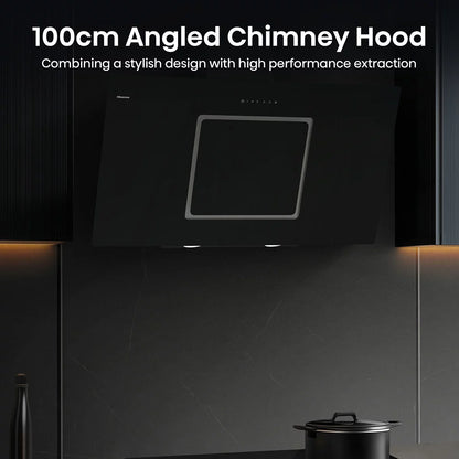 Front view of a 100cm Hisense black glass chimney cooker hood mounted on a modern kitchen wall displaying illuminated LED lights and sleek push-button controls.