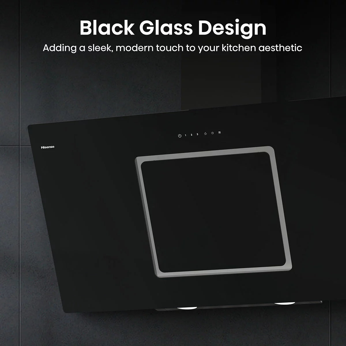 Front view of a 100cm Hisense black glass chimney cooker hood mounted on a modern kitchen wall displaying illuminated LED lights and sleek push-button controls.