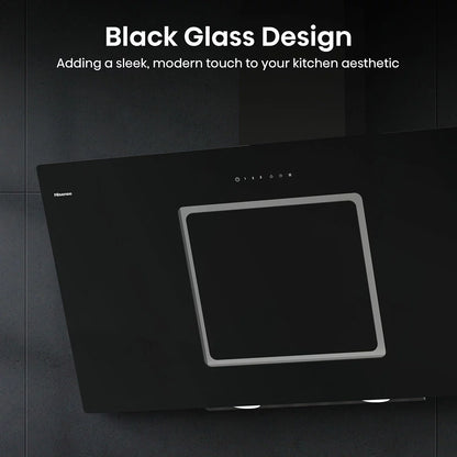 Front view of a 100cm Hisense black glass chimney cooker hood mounted on a modern kitchen wall displaying illuminated LED lights and sleek push-button controls.
