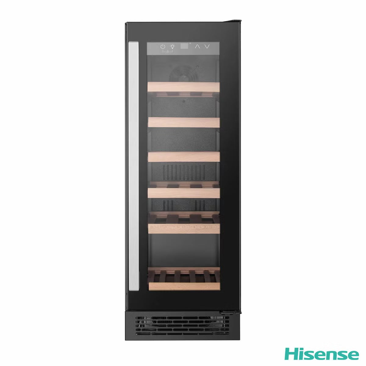 Front view of the black Hisense 19 bottle freestanding wine cooler with a Low UV glass door displaying beech wood shelves inside.