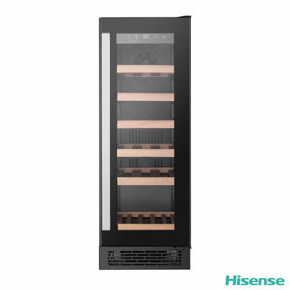Front view of the black Hisense 19 bottle freestanding wine cooler with a Low UV glass door displaying beech wood shelves inside.