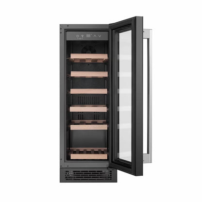 Front view of the black Hisense 19 bottle freestanding wine cooler with a Low UV glass door displaying beech wood shelves inside.