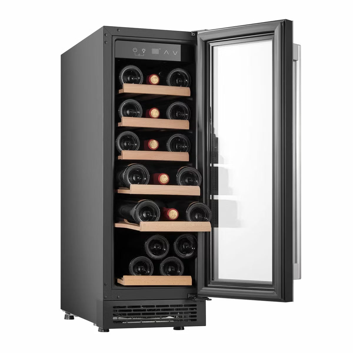 Front view of the black Hisense 19 bottle freestanding wine cooler with a Low UV glass door displaying beech wood shelves inside.