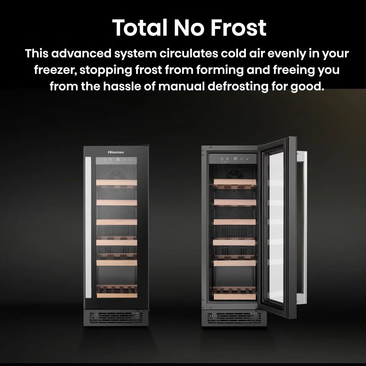 Front view of the black Hisense 19 bottle freestanding wine cooler with a Low UV glass door displaying beech wood shelves inside.
