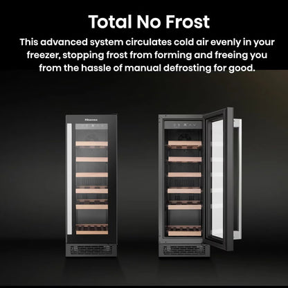 Front view of the black Hisense 19 bottle freestanding wine cooler with a Low UV glass door displaying beech wood shelves inside.