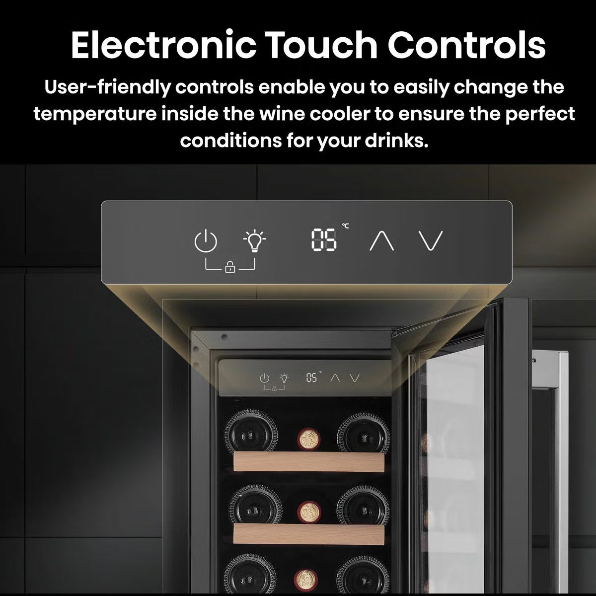 Front view of the black Hisense 19 bottle freestanding wine cooler with a Low UV glass door displaying beech wood shelves inside.