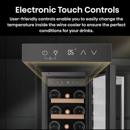 Front view of the black Hisense 19 bottle freestanding wine cooler with a Low UV glass door displaying beech wood shelves inside.