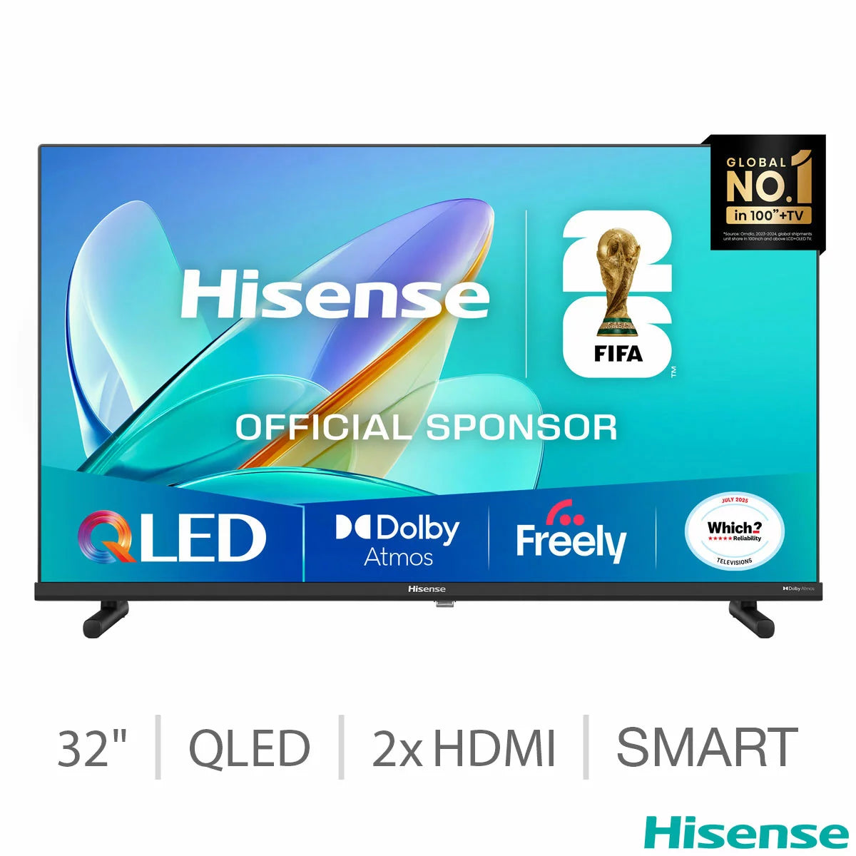 Front view of a black 32-inch Hisense QLED television positioned on a sleek dark wooden desktop inside a brightly lit modern home office setting.