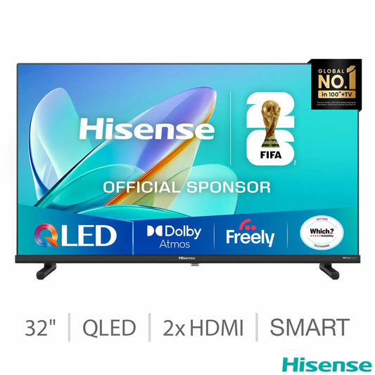 Hisense 32E5QTUK 32 inch QLED Smart TV displaying vivid colours with smart streaming apps for compact home entertainment setup