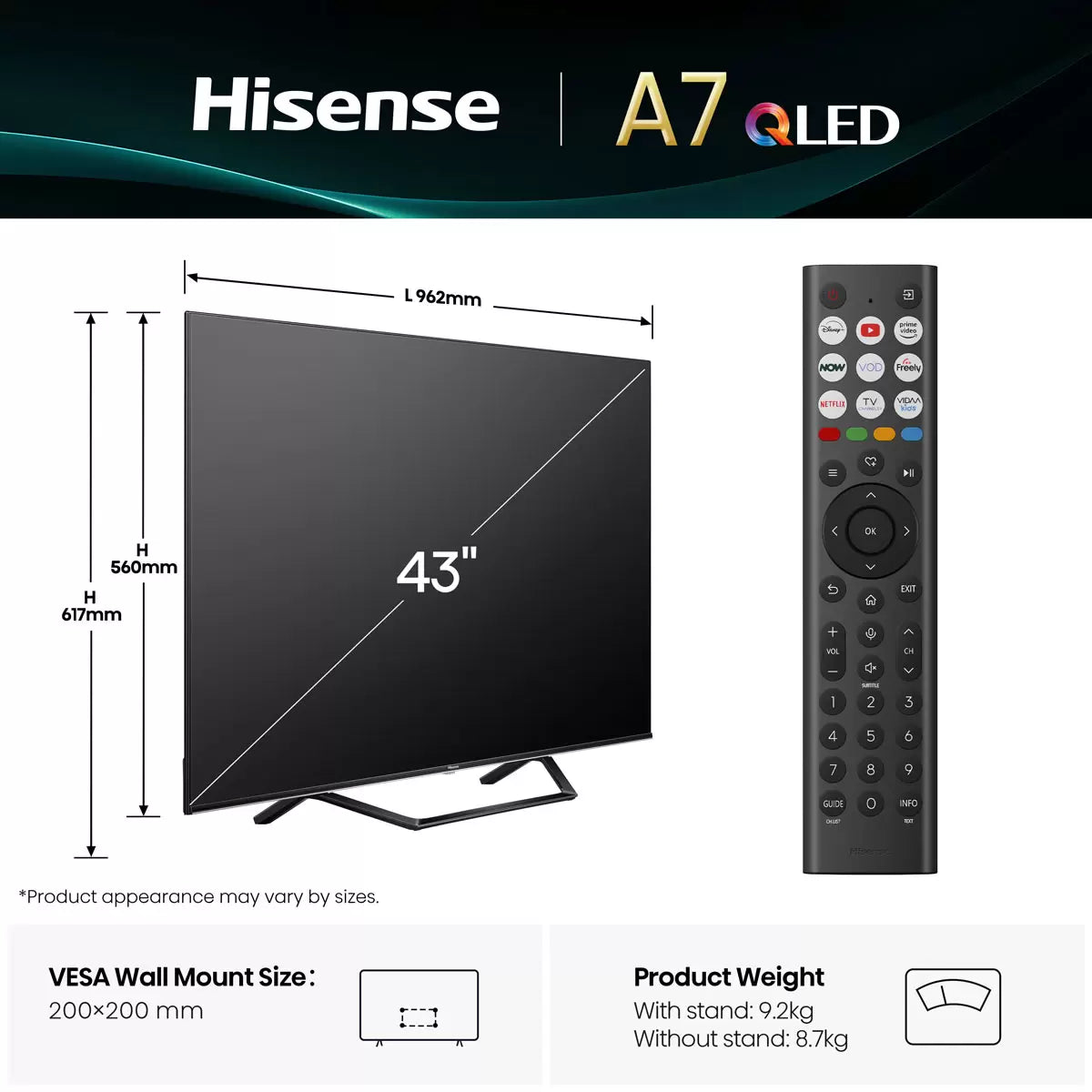 Hisense 43 Inch QLED Smart TV with 4K Ultra HD display and HDR vivid colour technology Hisense 43A7QTUK