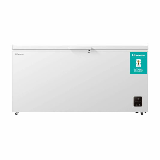 White Hisense 500L chest freezer with lid open standing in a modern utility area showing flexible baskets and electronic display controls.