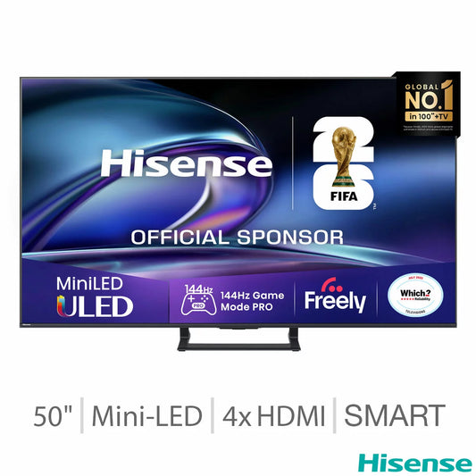 Front view of the black Hisense 50E8QTUK 50-inch Mini LED Smart TV standing on a modern wooden media unit displaying a vivid, colorful landscape image.
