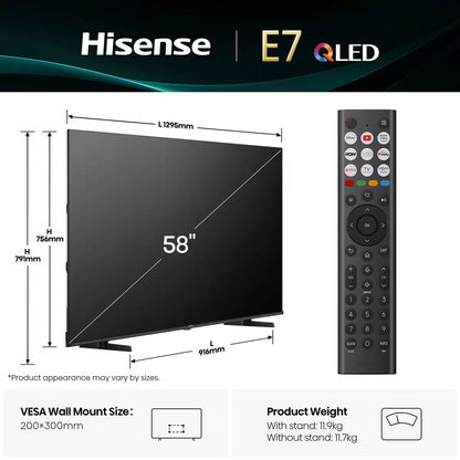 Hisense 58 Inch QLED Smart TV with 4K Ultra HD HDR display and Smart TV streaming features Hisense 58E7QTUK
