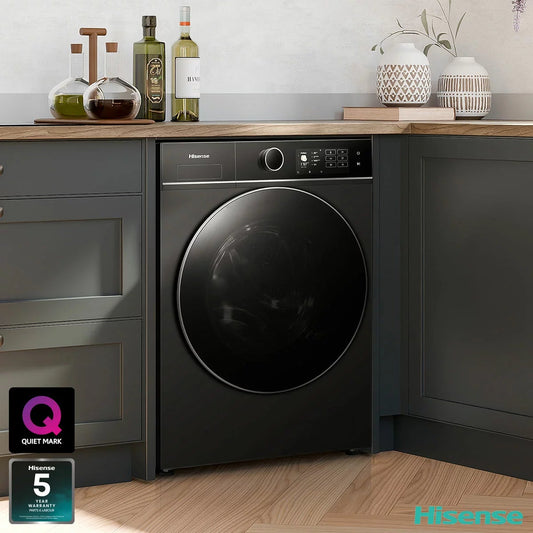 Front angle view of the black Hisense KitchenFit 5i Series 10.5kg washing machine featuring a dark glass door and color touch display.
