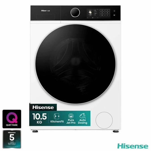 Front view of the white Hisense KitchenFit 5i Series 10.5kg washing machine showing the dark glass door and color touch display.