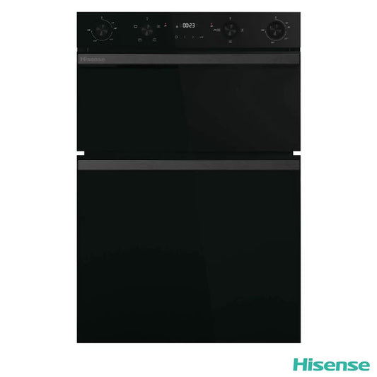 Front view of the black Hisense Hi6 BID914221CDBG Built-in Double Oven installed in modern dark kitchen cabinetry with lit interior cavities.