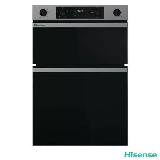 Front angle view of the stainless steel Hisense Hi6 BID914221CX Built-In Double Oven installed in modern kitchen cabinetry with interior lights illuminating both cavities.