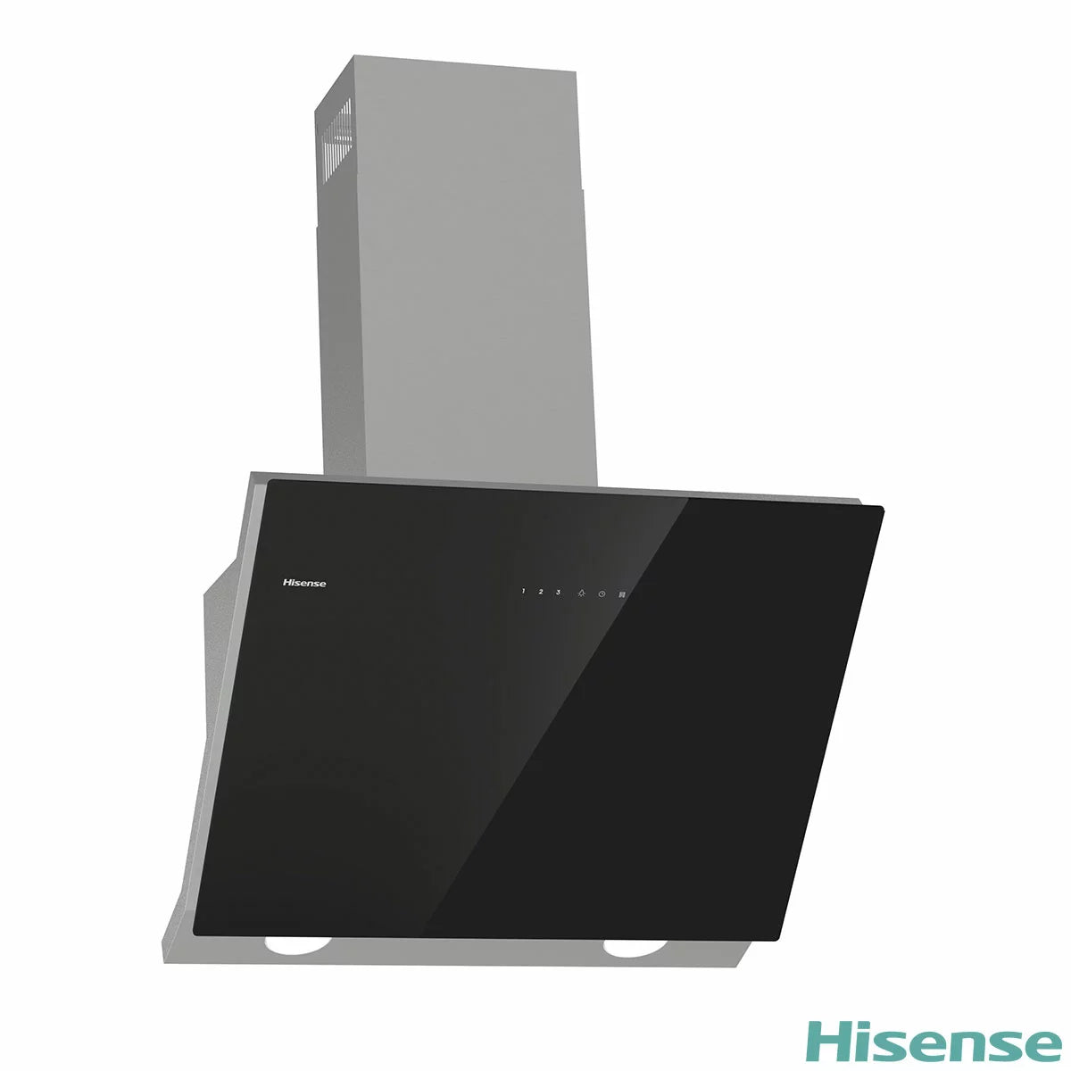 Front view of the black Hisense CH6IN14BXBUK 60cm chimney cooker hood featuring LED hob lighting and modern perimetric intake vents.