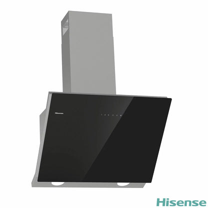 Front view of the black Hisense CH6IN14BXBUK 60cm chimney cooker hood featuring LED hob lighting and modern perimetric intake vents.