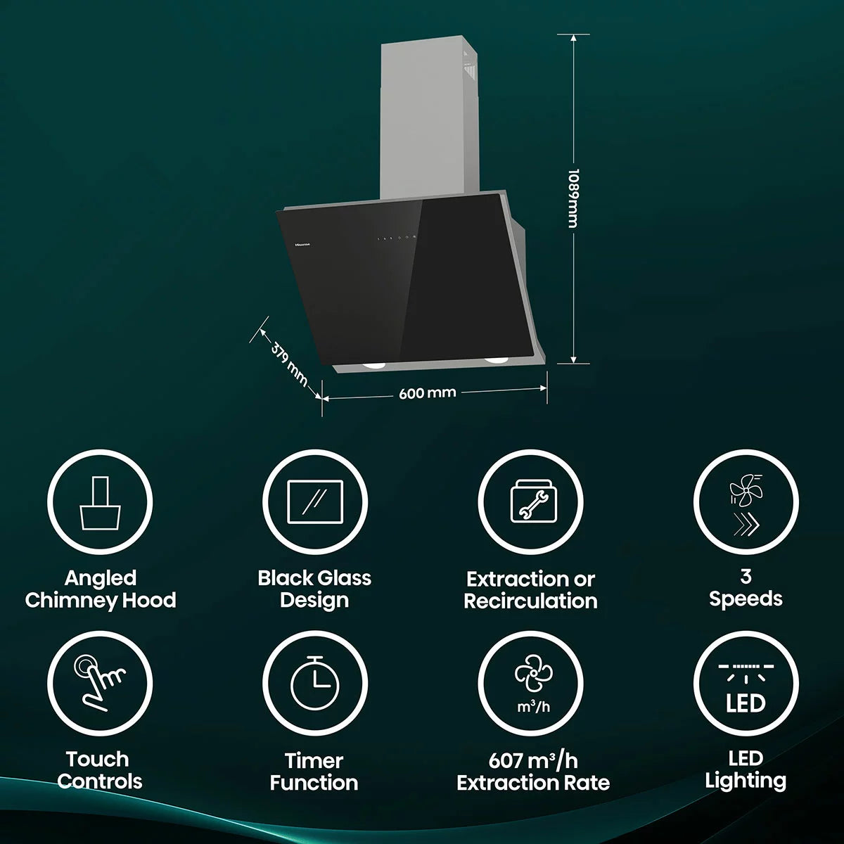 Front view of the black Hisense CH6IN14BXBUK 60cm chimney cooker hood featuring LED hob lighting and modern perimetric intake vents.