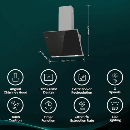 Front view of the black Hisense CH6IN14BXBUK 60cm chimney cooker hood featuring LED hob lighting and modern perimetric intake vents.