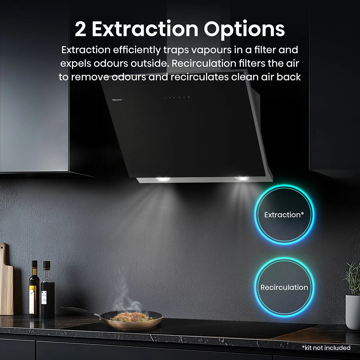 Front view of the black Hisense CH6IN14BXBUK 60cm chimney cooker hood featuring LED hob lighting and modern perimetric intake vents.