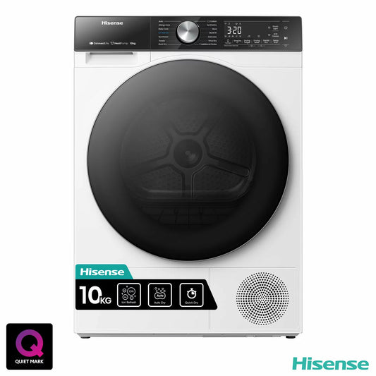 Hisense DH5S102BW 10kg A+++ Rated Heat Pump Tumble Dryer in White with large capacity and energy-efficient drying technology.