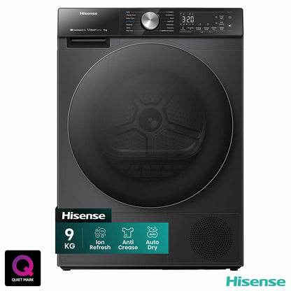 Hisense DH5S902BB 9kg A+++ Rated Heat Pump Tumble Dryer in Black with energy-efficient drying and sensor technology.