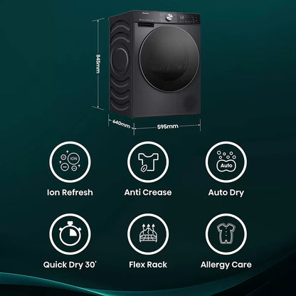 Hisense DH5S902BB 9kg A+++ Rated Heat Pump Tumble Dryer in Black with energy-efficient drying and sensor technology.