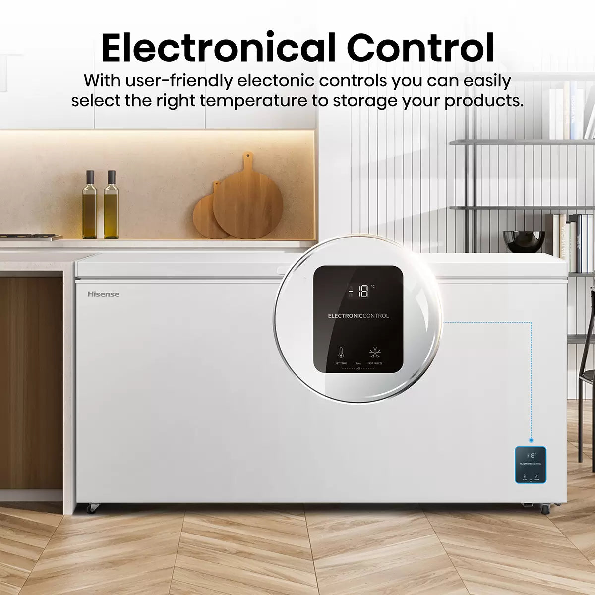 Hisense FC650D4AWLYE 500L high-capacity white chest freezer with E-rated energy efficiency and large frozen food storage.
