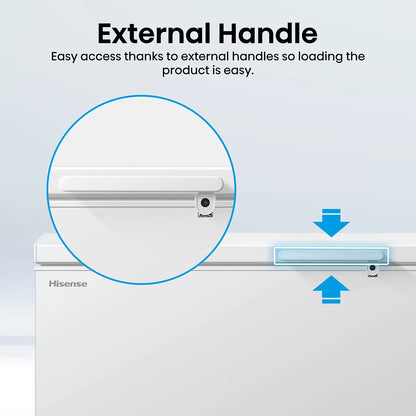 Hisense FC650D4AWLYE 500L high-capacity white chest freezer with E-rated energy efficiency and large frozen food storage.