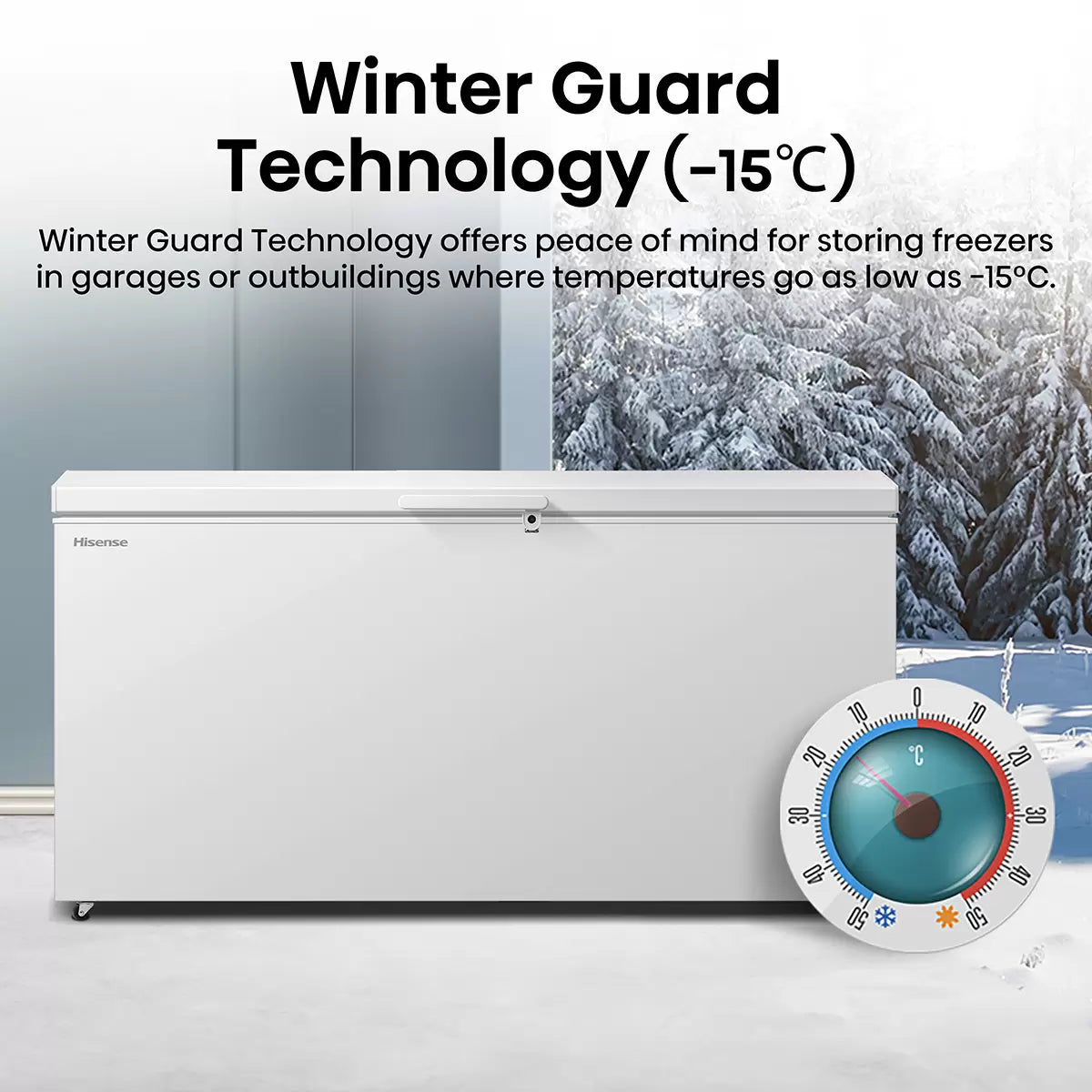 Hisense FC650D4AWLYE 500L high-capacity white chest freezer with E-rated energy efficiency and large frozen food storage.