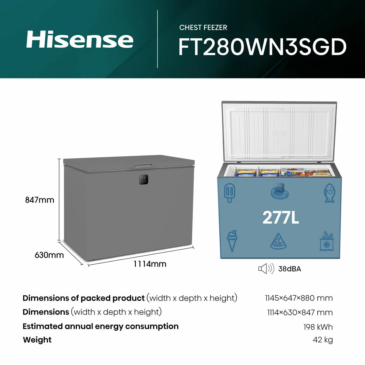 Hisense FT280WN3SGD 277L D Rated Chest Freezer in Silver with large-capacity frozen food storage and reliable cooling technology.